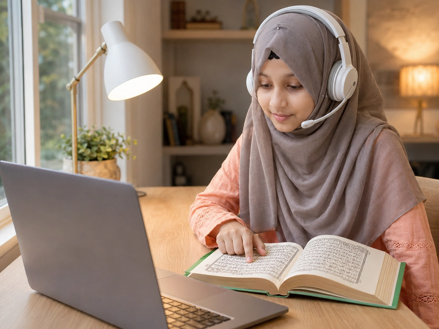 A student reciting Quran happily online